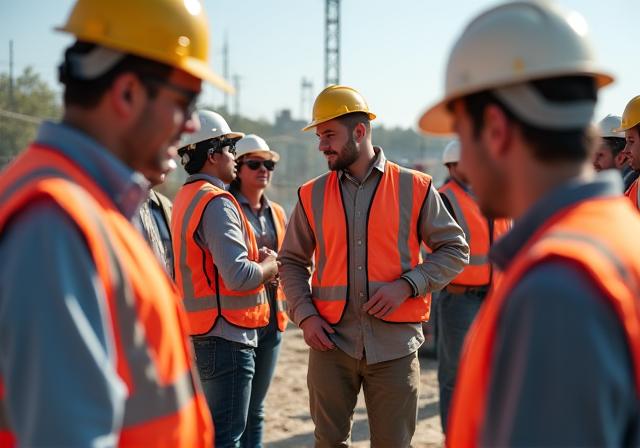 建設現場でヘルメットをかぶった多国籍の作業員たち