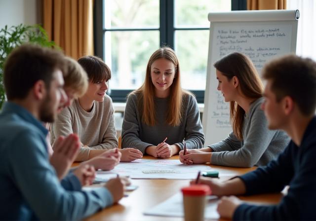 少人数のグループがワークショップで活発に議論している